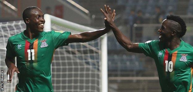 Enock Mwepu and Fashion Sakala celebrate a goal for Zambia at the Under-20 World Cup in 2017