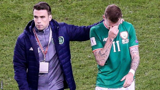 Injured Republic skipper Seamus Coleman consoles James McClean after Tuesday's game