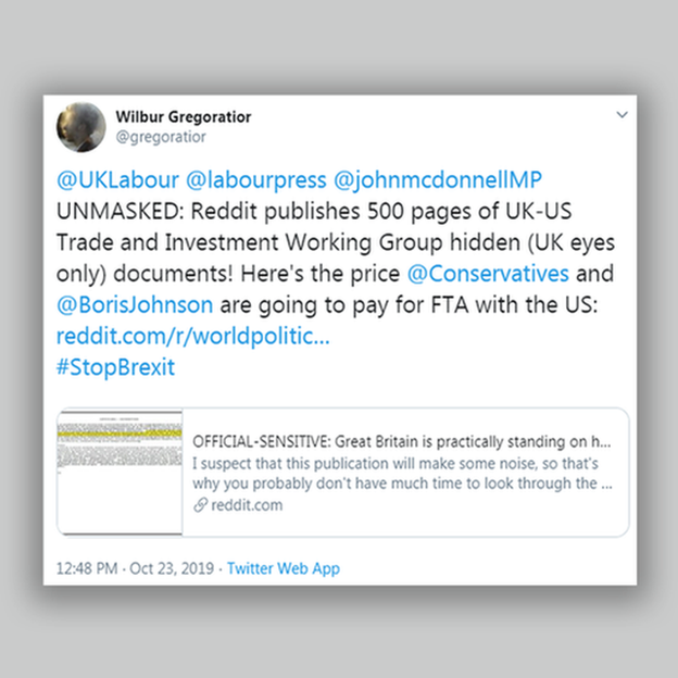 Tweet from @gregoratior: "UNMASKED: Reddit publishes 500 pages of UK-US Trade and Investment Working Group hidden (UK eyes only) documents! Here's the price @Conservatives and Boris Johnson are going to pay for FTA with the US" Plus a link to Reddit.