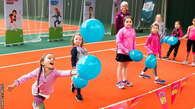 Judy demonstrates a 'Miss-hits' session for girls aged five to eight.