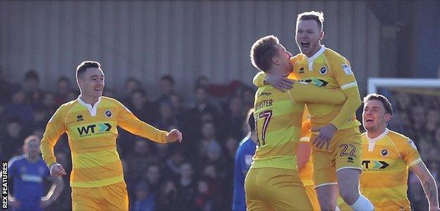 Millwall's Aiden O'Brien celebrates his goal against AFC Wimbledon