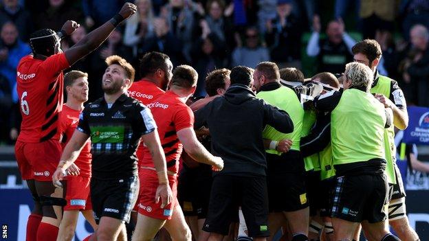 Saracens' Maro Itoje (left) celebrates as Glasgow Warriors have their try ruled out