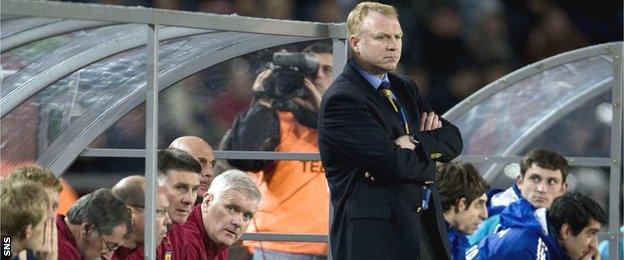 Alex McLeish looks glum in the Scotland dugout in Tbilisi in 2007