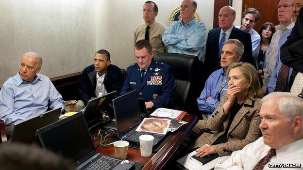 Barack Obama, Joe Biden, Hillary Clinton and members of the national security team receive an update on the mission against Osama bin Laden in the Situation Room of the White House May 2011