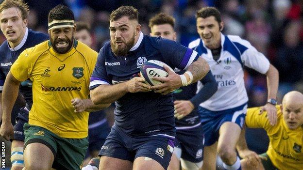 Jamie Bhatti in action for Scotland against Australia