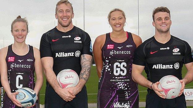 Players from Saracens Rugby Club and Saracens Mavericks mark the start of their new partnership