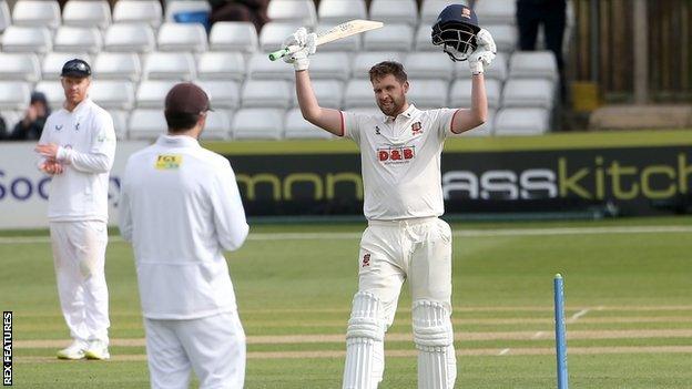 Matt Critchley celebrates his debut hundred for Essex