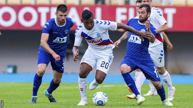 Alfredo Morelos in possession for Rangers against Shkupi