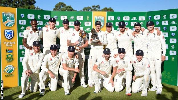 England celebrate with the Basil D'Oliveira Trophy after the Test series