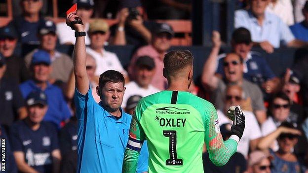 Southend United goalkeeper Mark Oxley sent off against Charlton