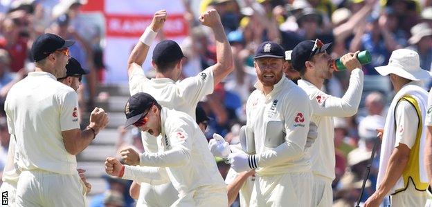 England celebrate a successful review to remove Cameron Bancroft