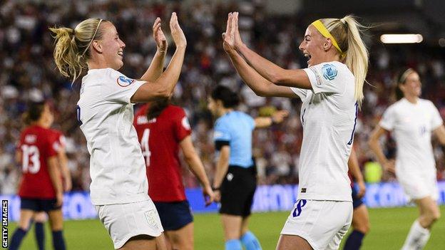 Chloe Kelly celebrates with Beth Mead