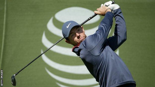 Rory McIlroy hits a drive during the third round at the Pebble Beach Pro-Am