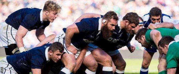 Scotland players in a scrum in a match against Ireland