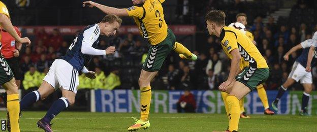 Leigh Griffiths sends a header straight at the Lithuania goalkeeper