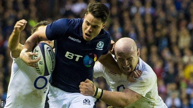 Sean Maitland takes on the England defence at Murrayfield