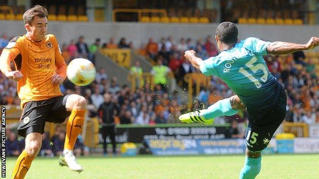 Wayne Routledge scores to give Swansea the lead against Wolves