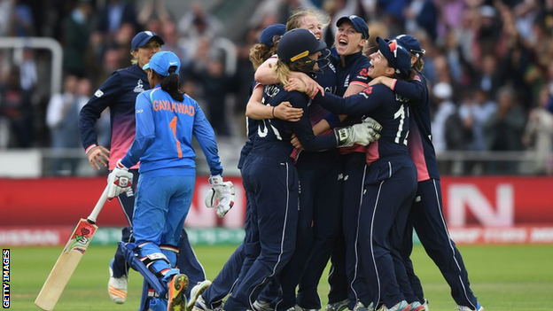 England celebrate victory in the 2017 World Cup final at Lord's