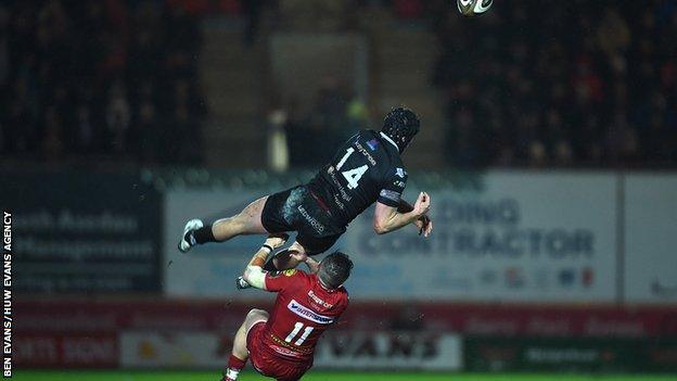 Scarlets wing Steff Evans was sent off for his aerial challenge on Ospreys' Ben John