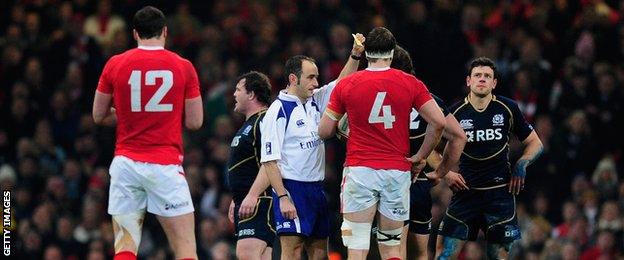 Nick De Luca is sin-binned in Scotland's loss to Wales in 2012