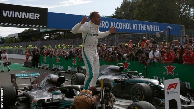 Lewis Hamilton celebrates winning the Italian Grand Prix