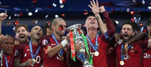 Portugal hold aloft the Euro 2016 trophy