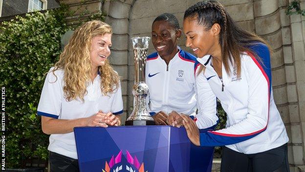 British athletes Beth Dobbin, Ojie Edoburun and Morgan Lake with the new Athletics World Cup trophy