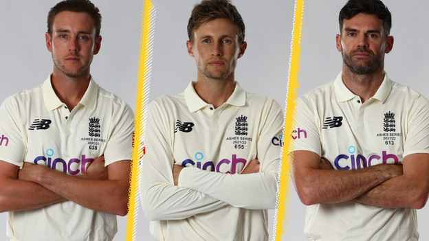 Left to right: England's Stuart Broad, Joe Root and James Anderson