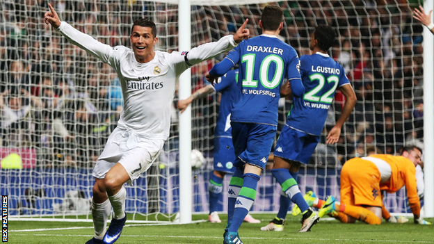 Real Madrid forward Cristiano Ronaldo celebrates scoring against Wolfsburg in the Champions League