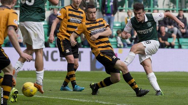 John McGinn knocks in the third goal for Hibernian at Easter Road