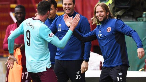 Hearts' Kyle Lafferty and Austin MacPhee