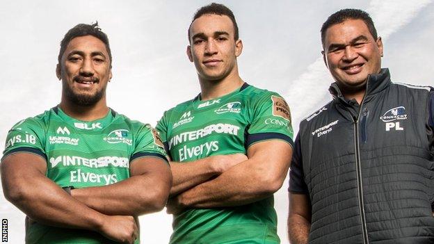 Bundee Aki and Ultan Dillane with Connacht coach Pat Lam on Tuesday