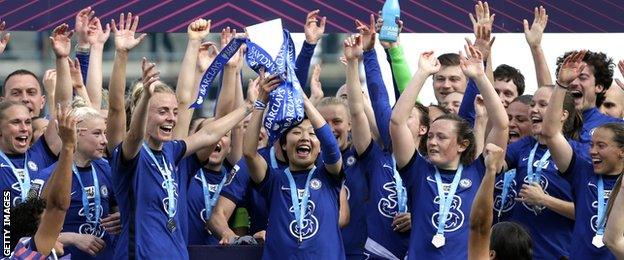 Chelsea lift the WSL title trophy