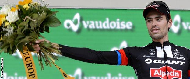 Dutch rider Tom Dumoulin celebrates after finishing third in the recent Tour of Switzerland