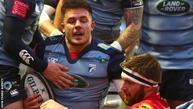 Ellis Jenkins rises off the floor after scoring for Cardiff Blues against Scarlets