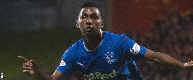 Rangers' Alfredo Morelos celebrates scoring against Partick Thistle