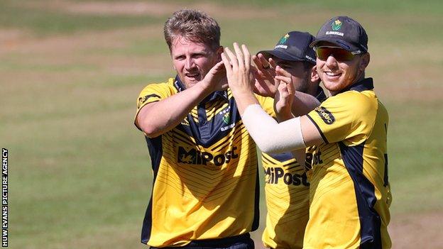 Timm van der Gugten of Glamorgan celebrates