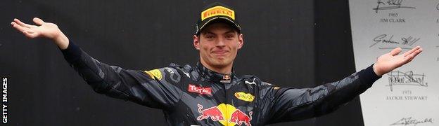 Verstappen celebrates finishing on the podium at the Brazilian Grand Prix