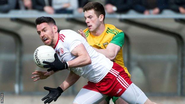 Donegal's Eoghan Ban Gallagher battles with Tyrone's Mattie Donnelly in last year's Ulster SFC contest