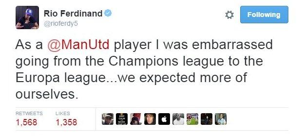 Former United centre-back Rio Ferdinand said the club should have higher aspirations than the Europa League