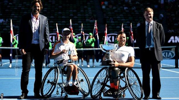 Pat Rafter, Andy Lapthorne of Britain, Dylan Alcott of Australia and Tennis Australia President Steve Healy