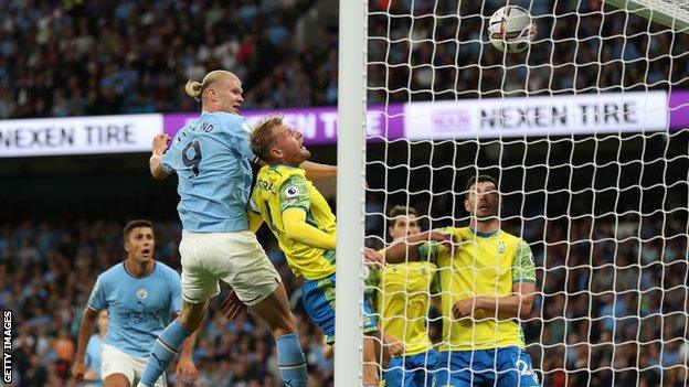 Erling Haaland scores his third goal for Man City against Nottingham Forest