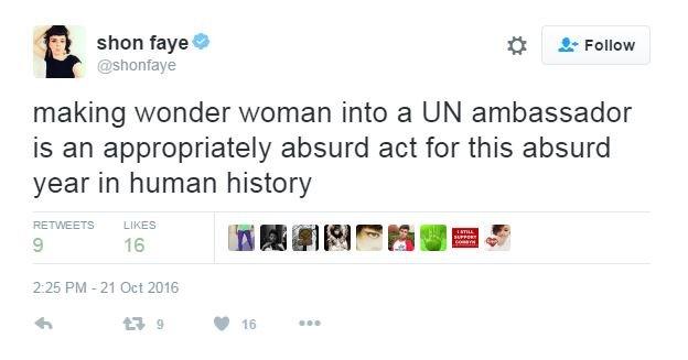 Twitter user Shon Faye writes: "making wonder woman into a UN ambassador is an appropriately absurd act for this absurd year in human history".