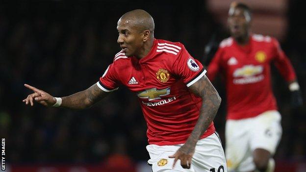 Ashley Young celebrates scoring for Manchester United against Watford