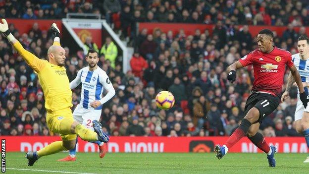 Keeper David Button in action for Brighton against Manchester United