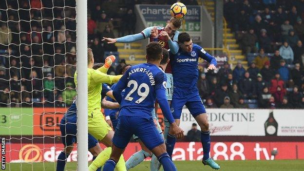 Chris Wood scores Burnley's winner against Everton