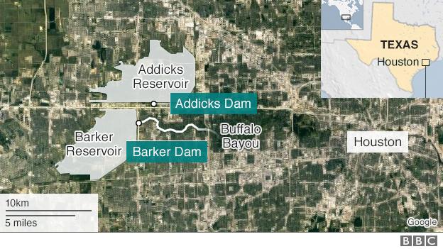 Map showing Addicks and Barker reservoirs and dams near Houston