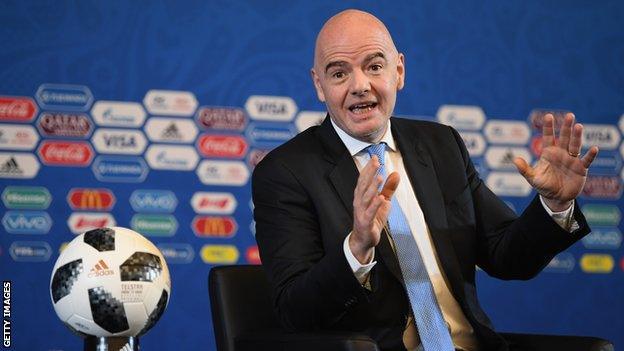 Fifa president Gianni Infantino speaks during a news conference for the 2018 World Cup draw