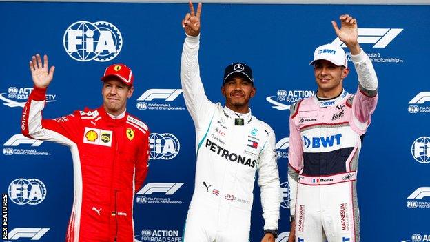 Ferrari's Sebastian Vettel, Mercedes' Lewis Hamilton, and Force India's Esteban Ocon