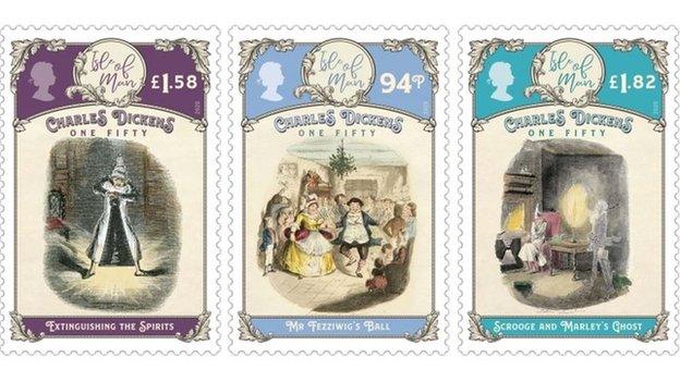 Three stamps featuring scenes from A Christmas Carol